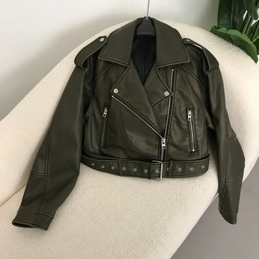 Nueva Primavera Mujer Chaqueta De Piel Sintética Chic Vintage Ropa De Calle Americana Solapa Corta Cinturón Con Cremallera Abrigos De Motociclista Moda Ropa De Calle