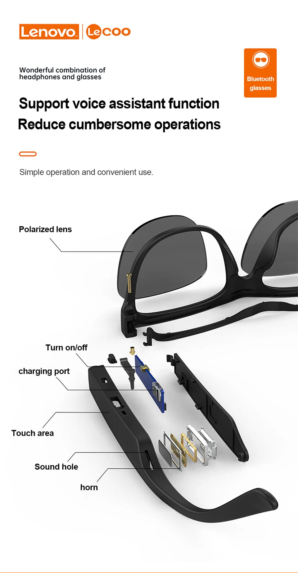 Lenovo C8 gafas de sol inteligentes inalámbricas Bluetooth auriculares con luz azul protección de ojos auriculares deportivos gafas de música auriculares con micrófono HD